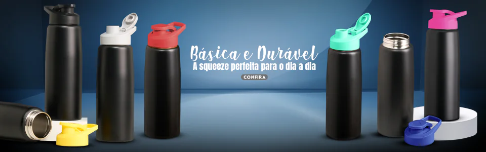 Banner promocional de squeezes térmicas em diferentes cores
